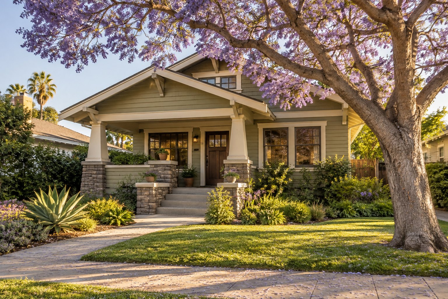 A Spanish style home with palms in San Diego, illustrative
