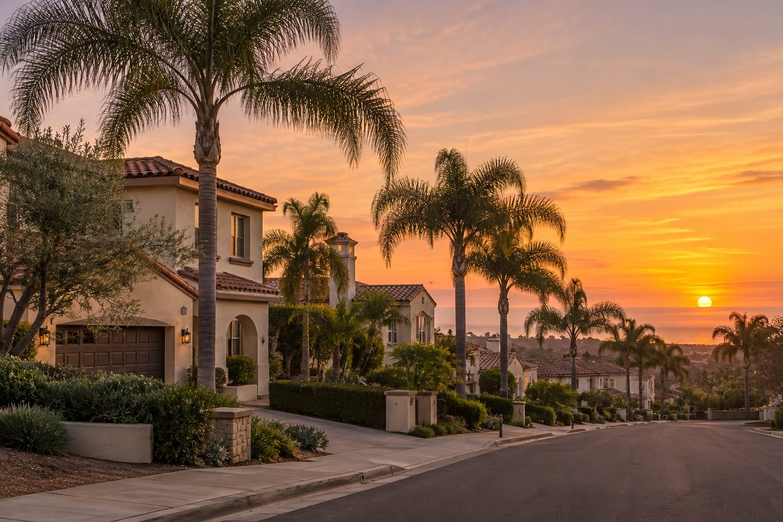 A palm lined San Diego street at sunset, illustrative