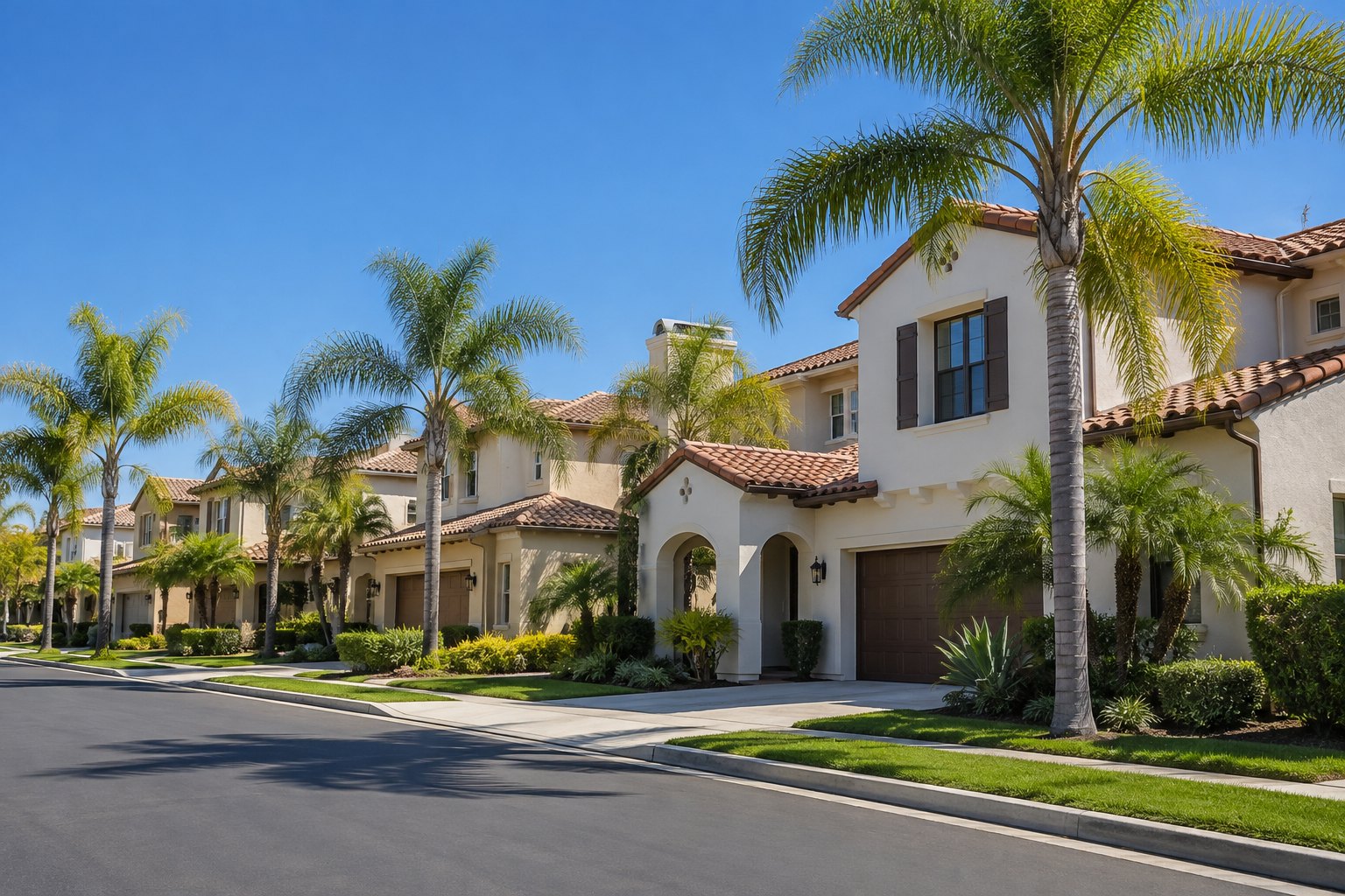 Spanish style homes along a palm lined San Diego street, illustrative