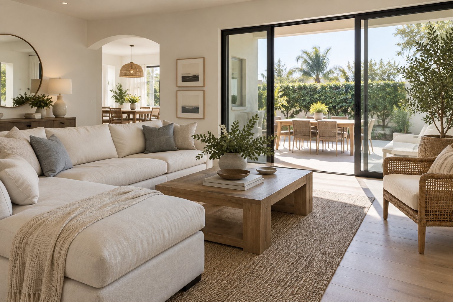 A sunlit family room, illustrative