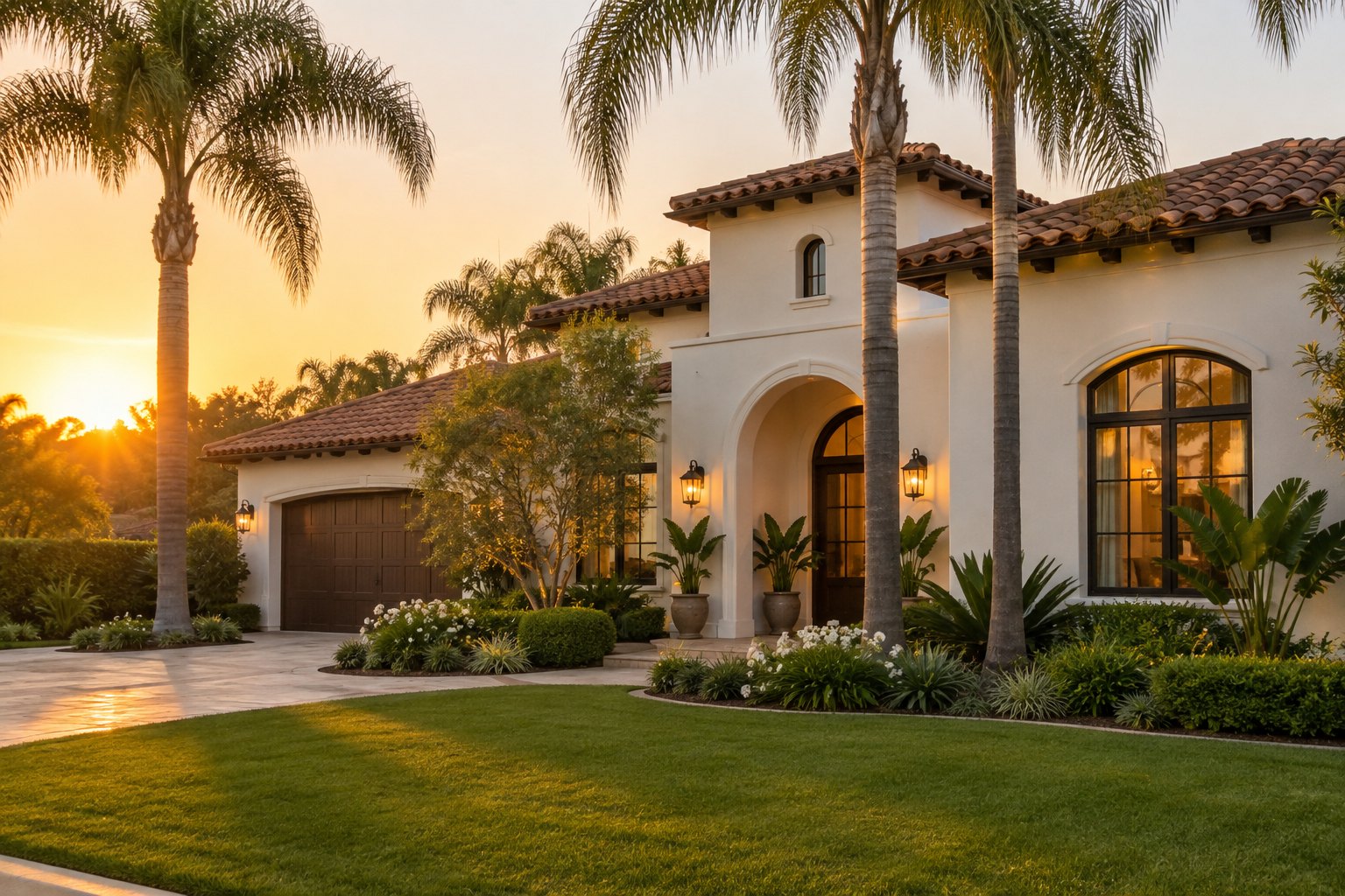 A Spanish style San Diego home at sunset, illustrative